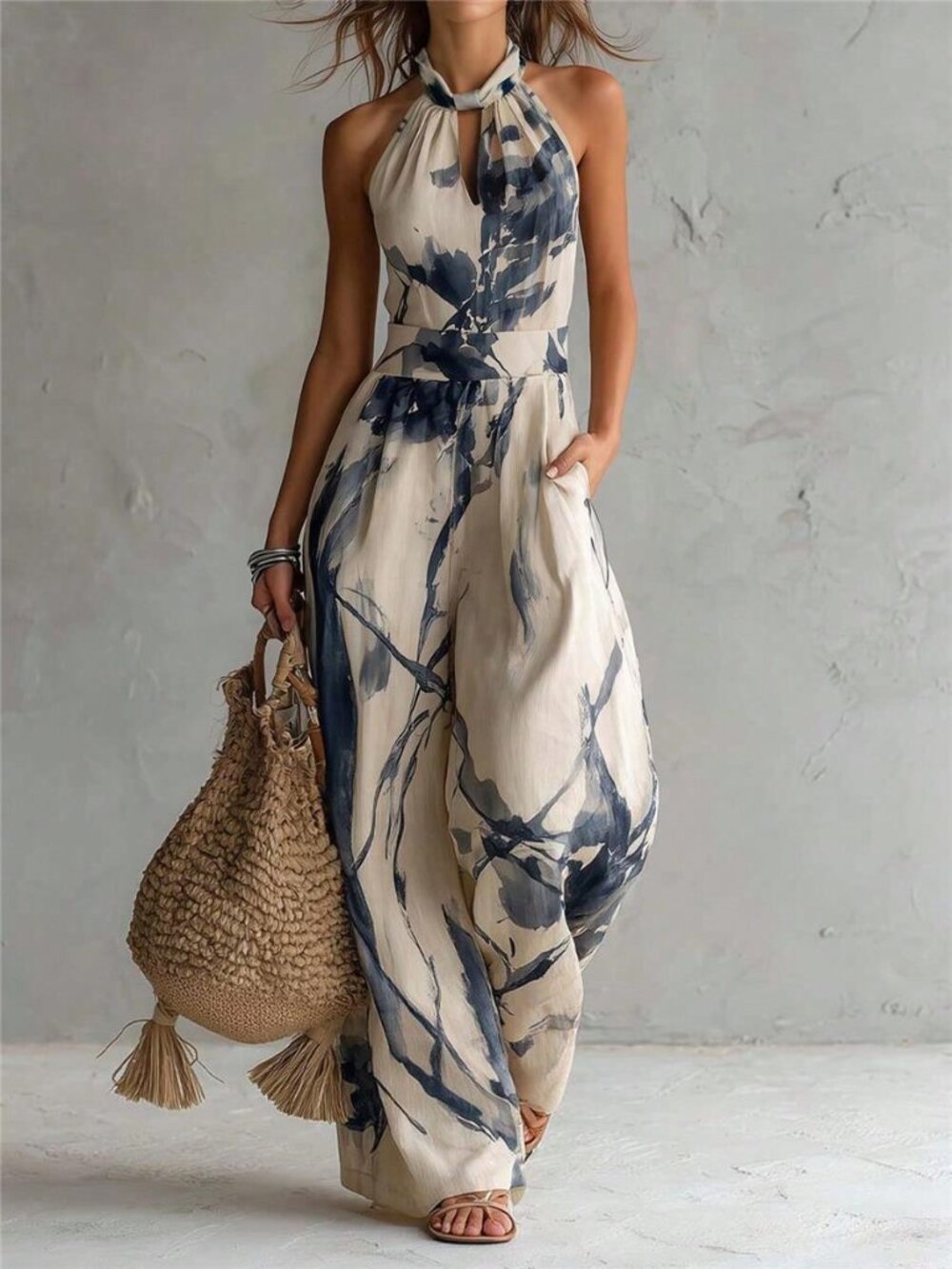 Halter Neck Wide Leg Jumpsuit, Sleeveless One-Piece With Side Pockets,